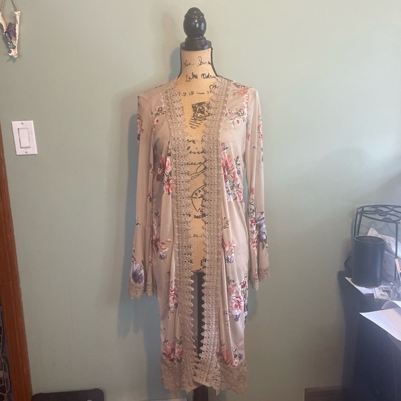 Polly & Esther Womens Beach Floral Lace Trim Boho Duster Cover Up Cardigan Small - Picture 1 of 6